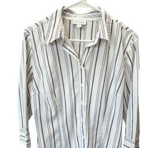 Fashion Bug Women Dress Shirt White Blue Striped Size M 3/4 Sleeves Button Up